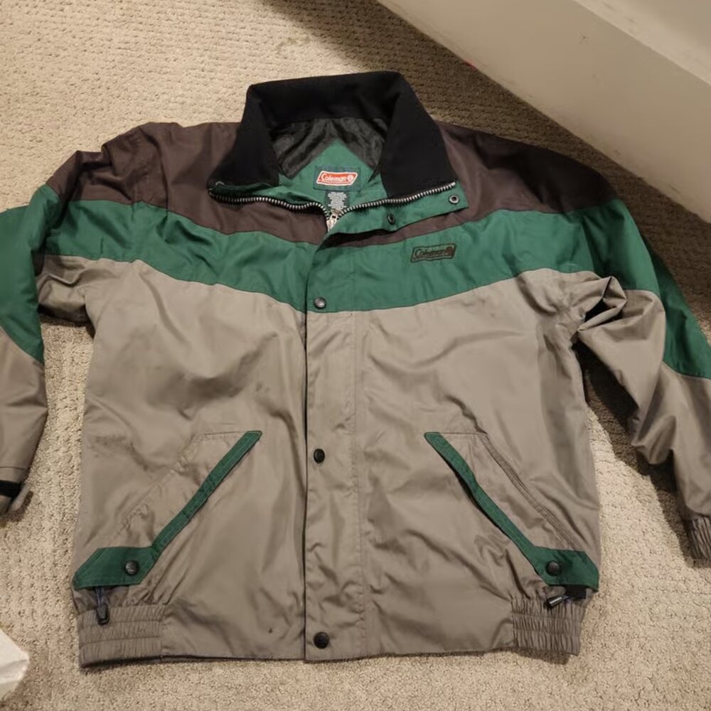 Vintage Coleman Mens Jacket Coat Adult LARGE Green Gray Black Camp Hike Walk